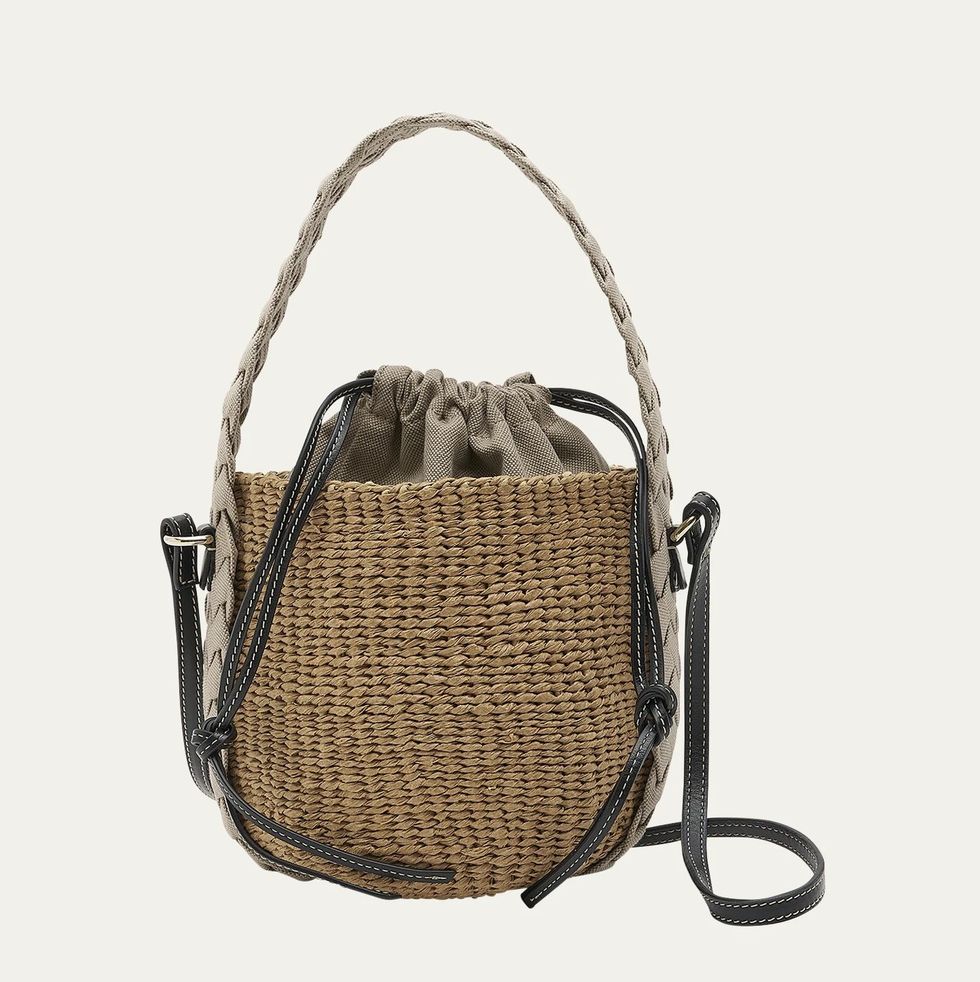 Woody Braided Straw Basket Bucket Bag