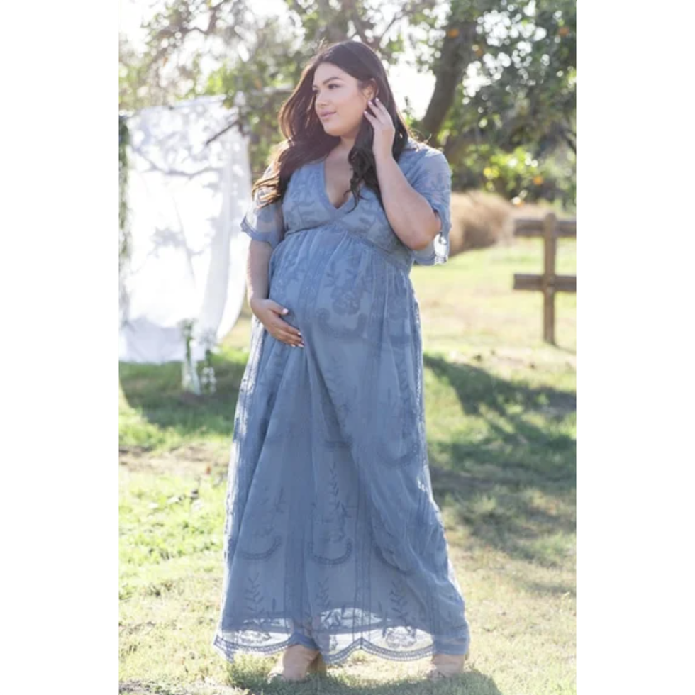Blue Lace Mesh Overlay Plus Maternity Maxi Dress