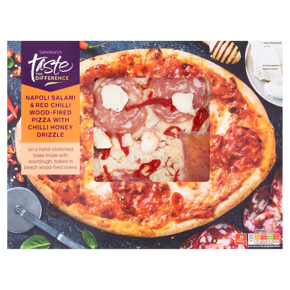 Sainsbury’s Taste the Difference Napoli Salami & Rec Chilli Wood-Fired Pizza with Chilli Honey Drizzle 