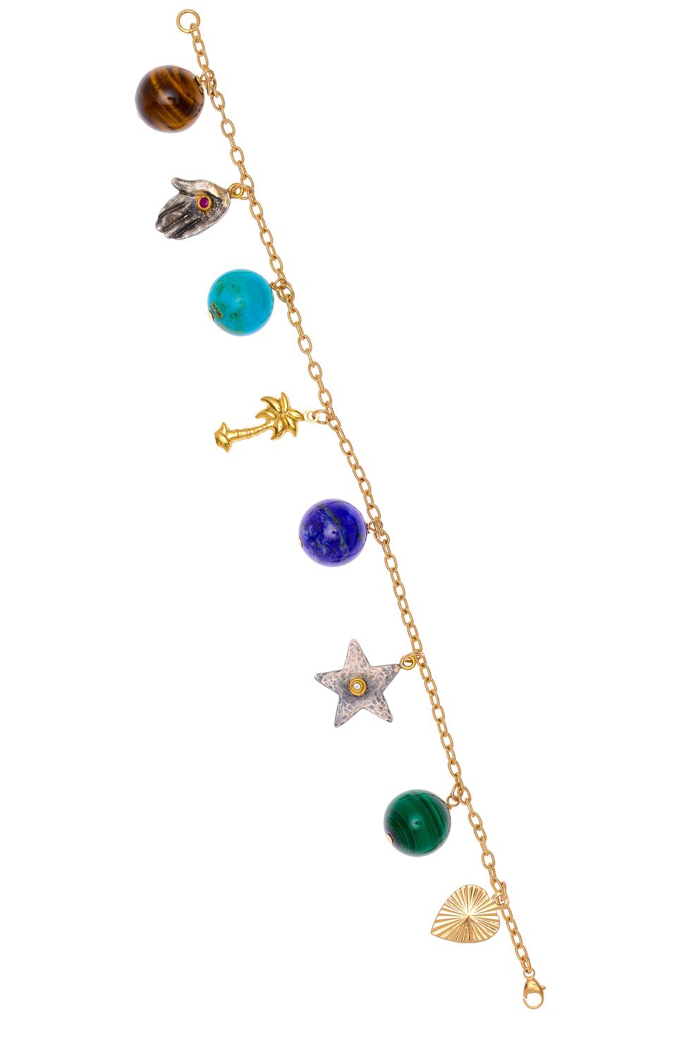 14K Yellow Gold and Sterling Silver Multi-Stone Charm Bracelet