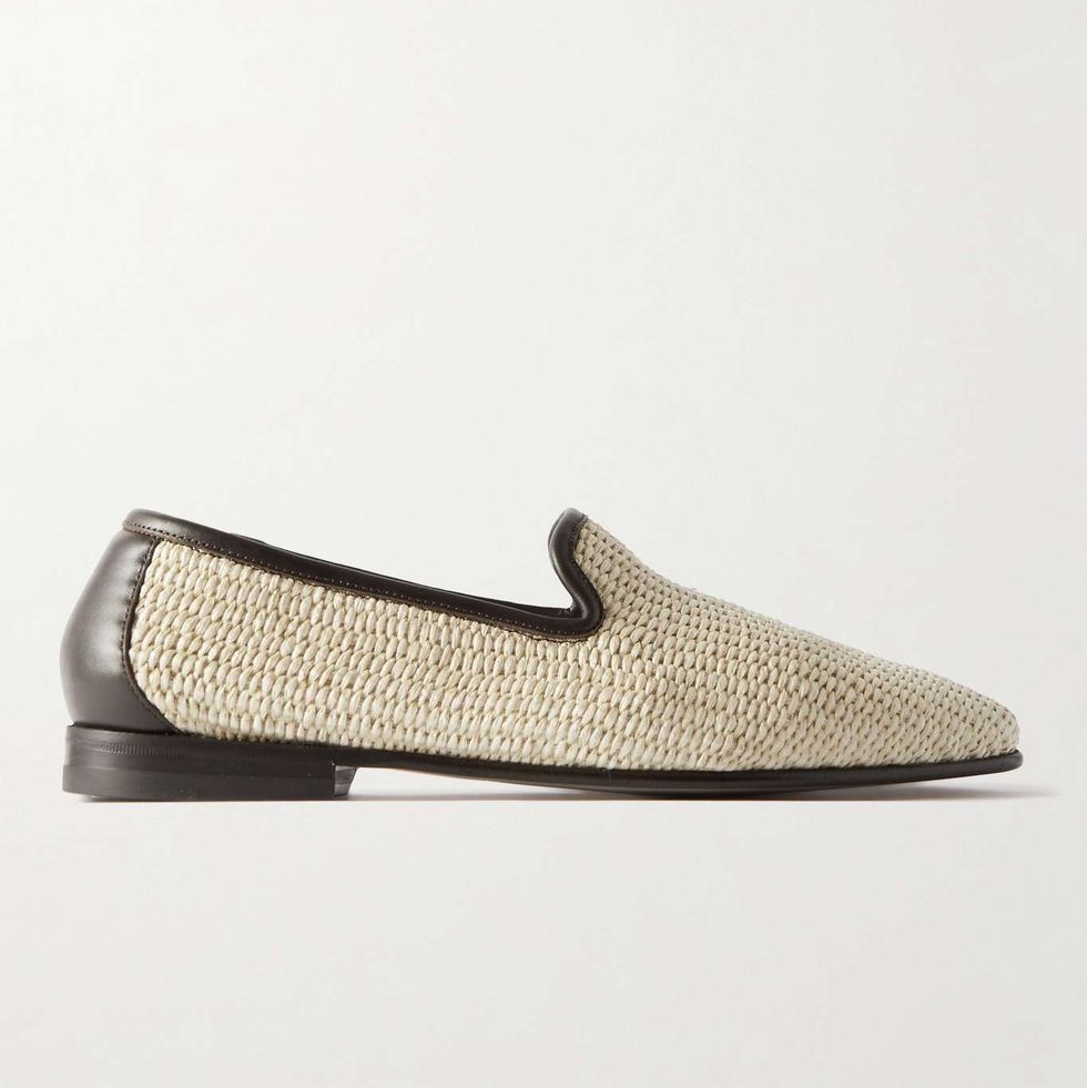 Mario Leather-Trimmed Raffia Loafers