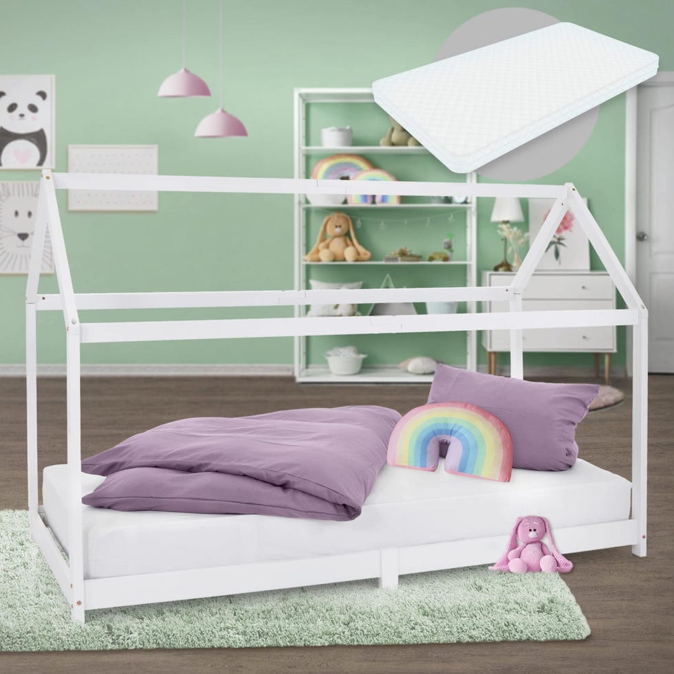 Estructura con tejado de cama infantil lacada en blanco