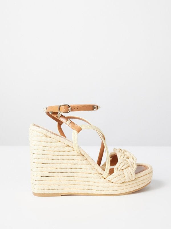 Rockstud 115 Faux-Faffia Espadrille Wedge Sandals