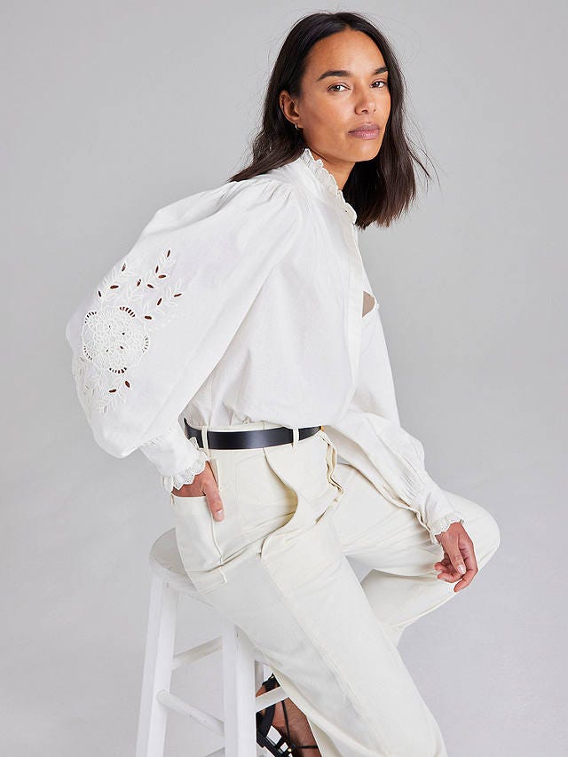 Cape CoveEmbroidered Lace Trim Cotton Blouse, White