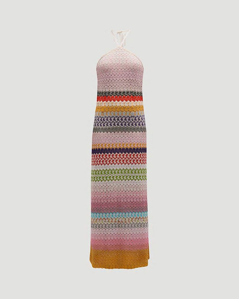 Multicolor Open-Knit Halter Maxi Dress