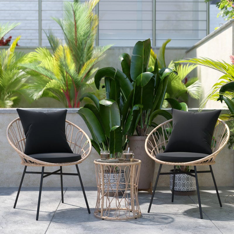 Pirtle Rattan Rope Chairs, Glass-Top Side Table and Cushions