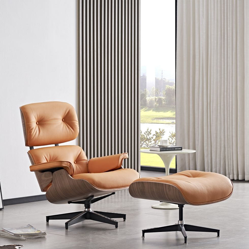 Mid-century Modern Leather Lounge Chair and Ottoman Set