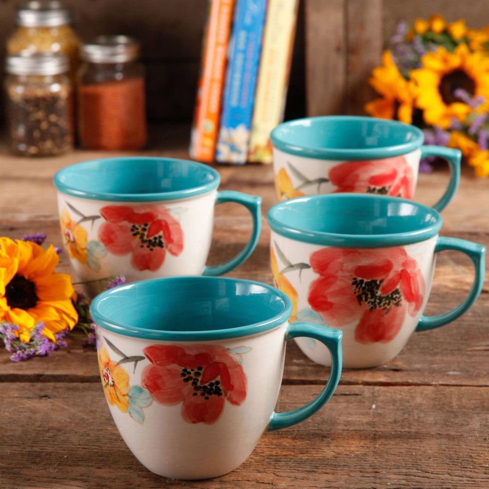 The Pioneer Woman Set of 4 Vintage Bloom Turquoise Ceramic Mugs