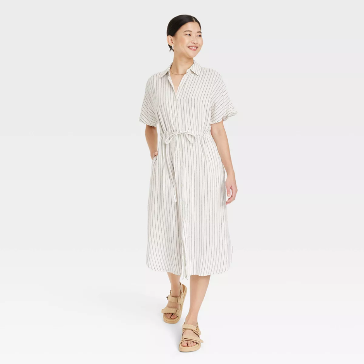 Short Sleeve Linen Midi Shirtdress