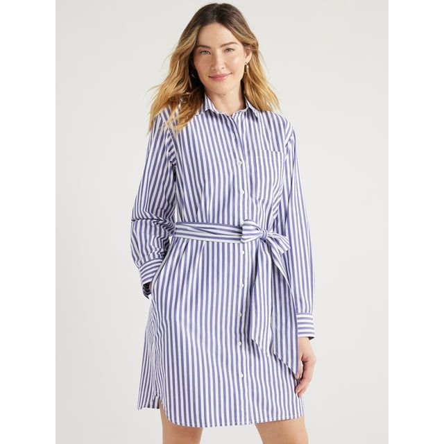 Cotton Belted Shirtdress with Long Sleeves
