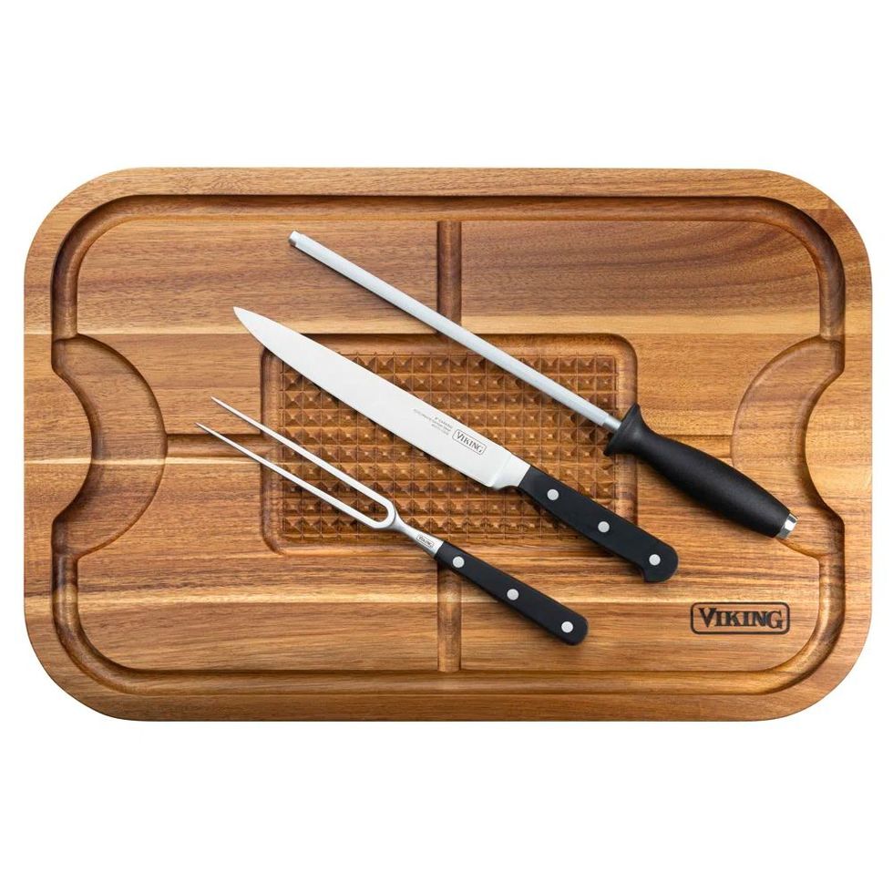Acacia Carving Board with 3-Piece Carving Set