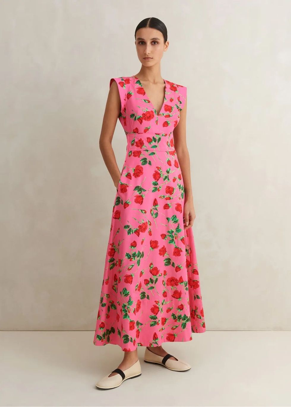 Cotton Sateen Rose Print Maxi Dress
