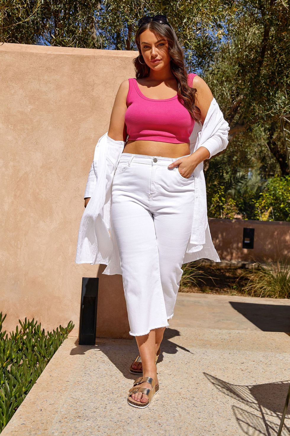 Curve white stretch wide leg cropped jeans