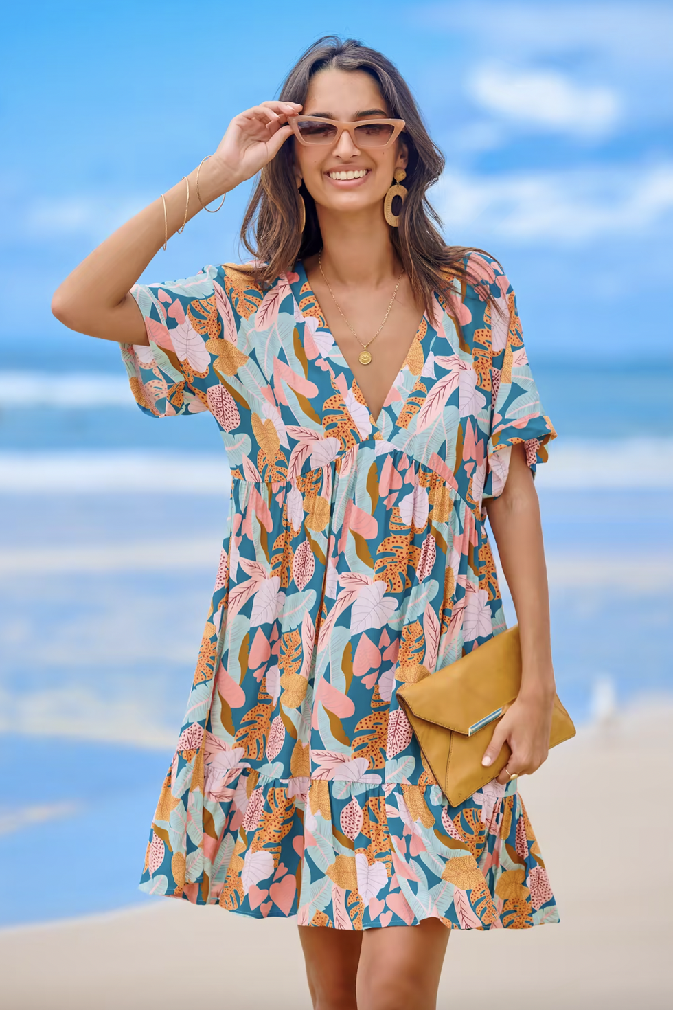 Cupshe Soft Tropics Short Sleeve Mini Dress 