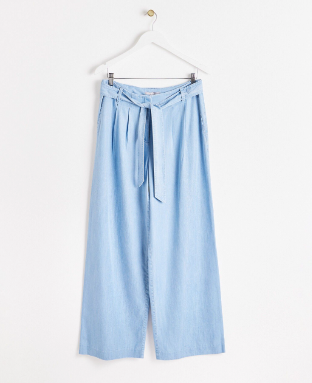 Blue Chambray High-Waist Wide-Leg Trousers