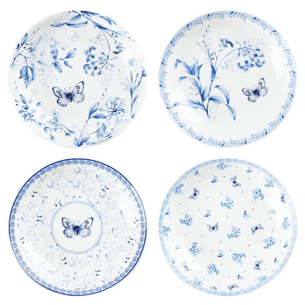 4 platos con mariposas y flores