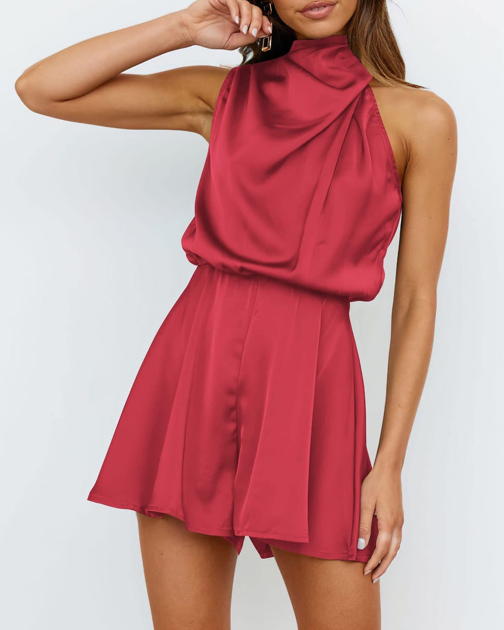 Mock Neck Satin Romper 