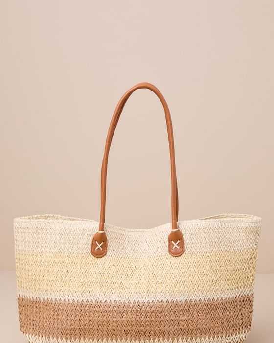 Formentera Ivory and Tan Striped Woven Tote Bag
