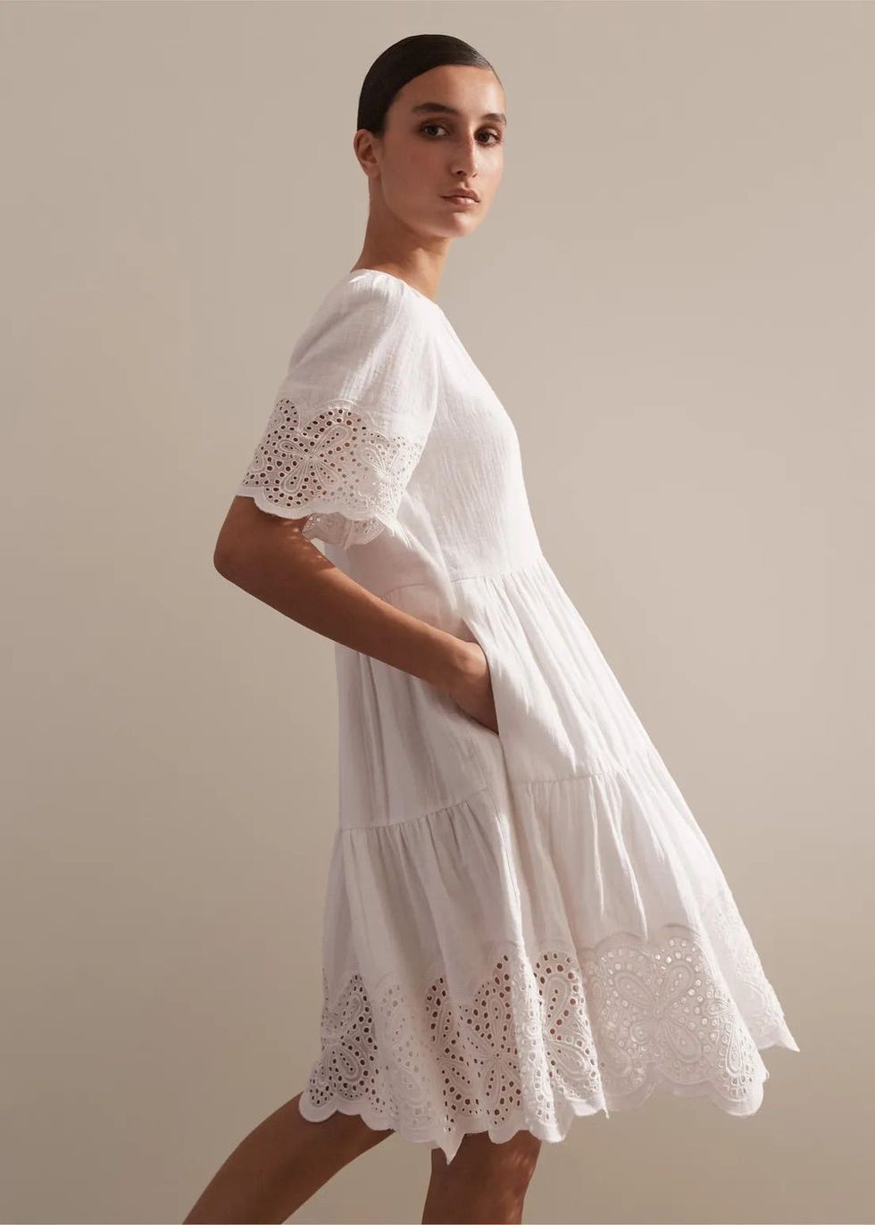 Cheesecloth Broderie Short Swing Dress + Belt