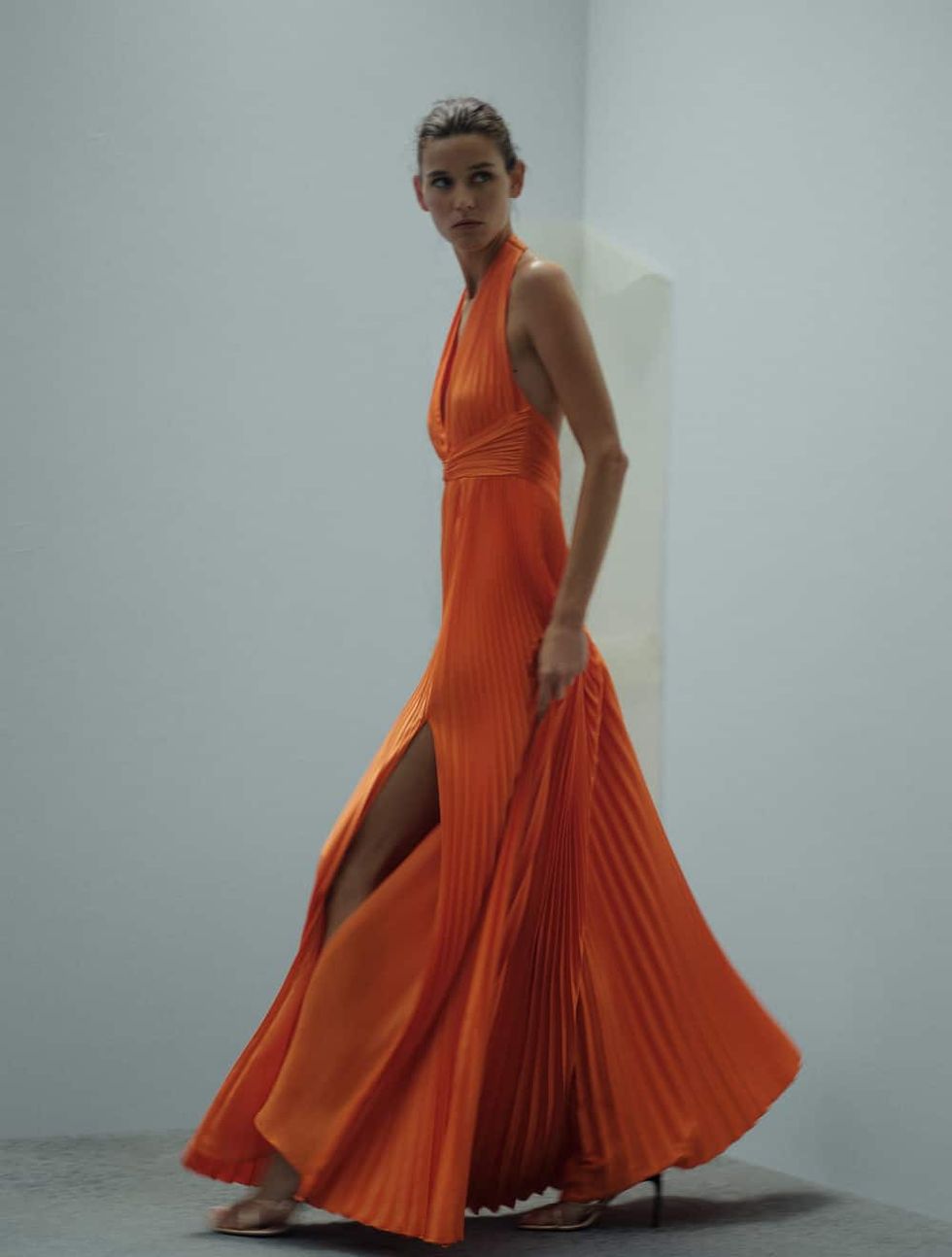 Pleated Dress With Knot Detail in Orange