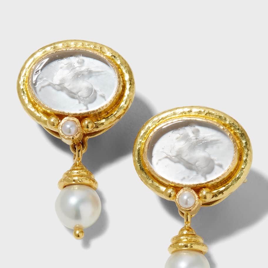 Elizabeth Locke Pegasus Intaglio Clip/Post Earrings with Pearl Drop, White