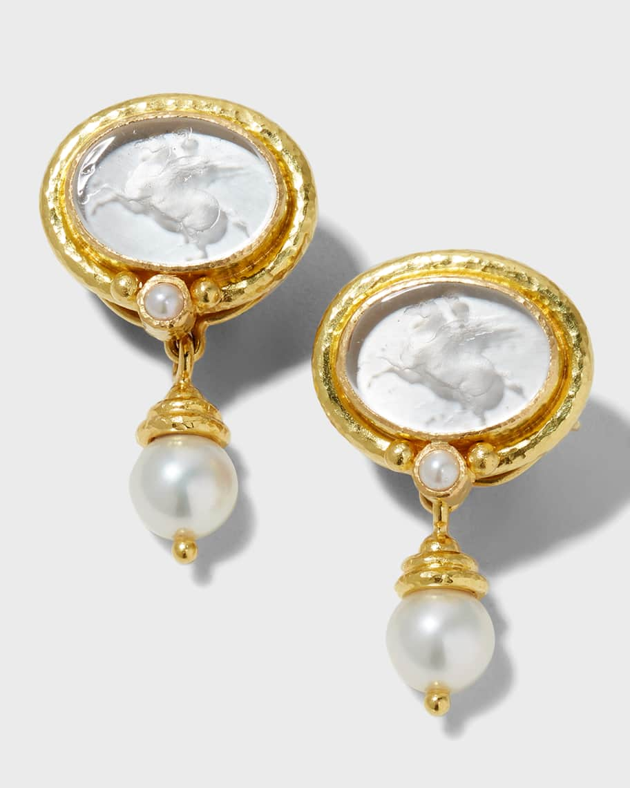 Elizabeth Locke Pegasus Intaglio Clip/Post Earrings with Pearl Drop, White