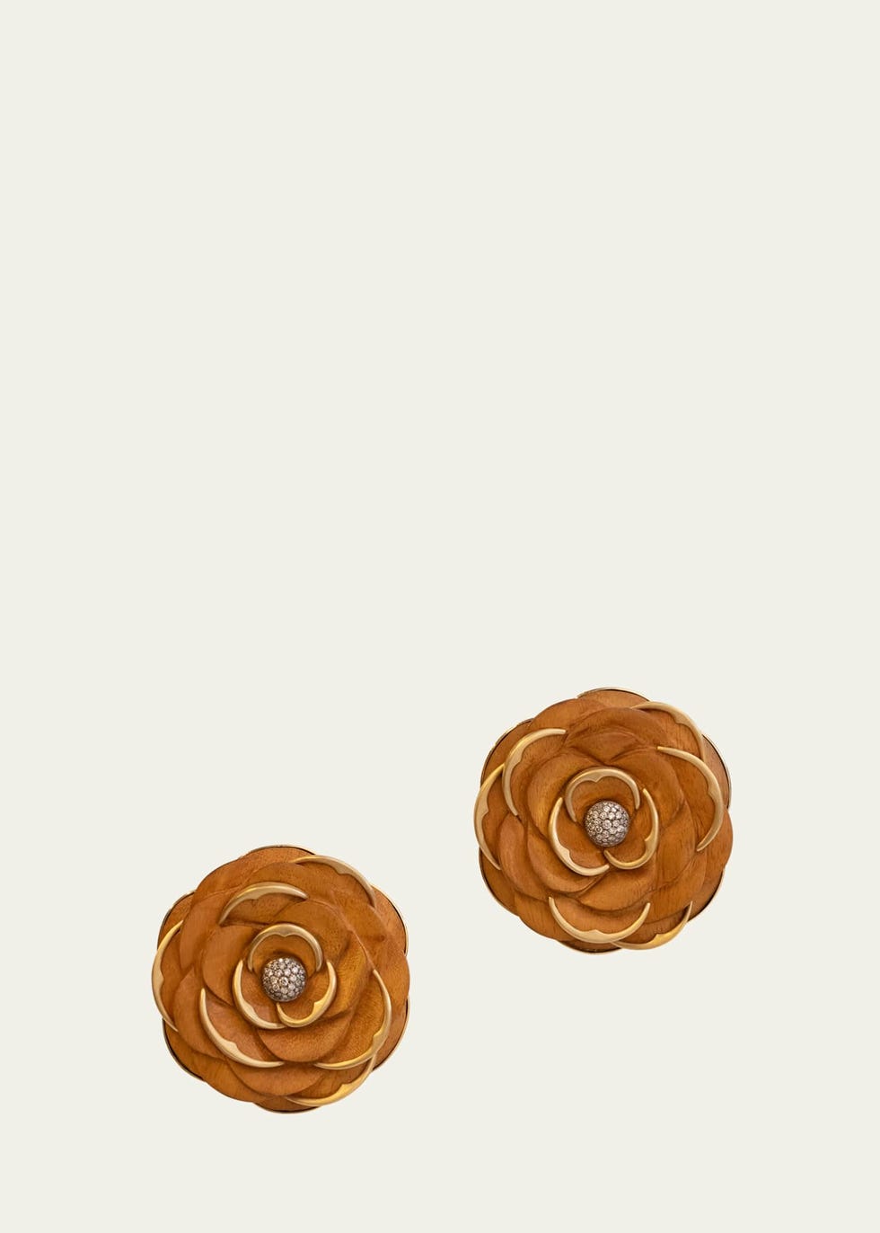 18K Yellow Gold Wood Camelia Clip-On Earrings With Diamonds