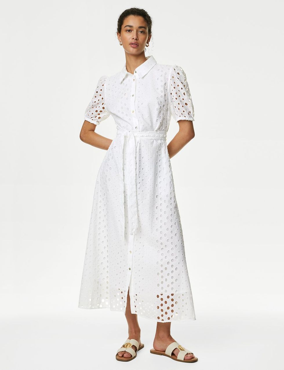 Cotton Broderie Midi Shirt Dress