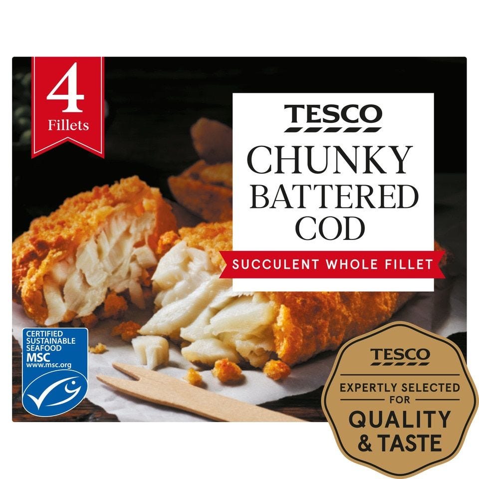 Tesco 4 Battered Chunky Cod Fillets, 500g