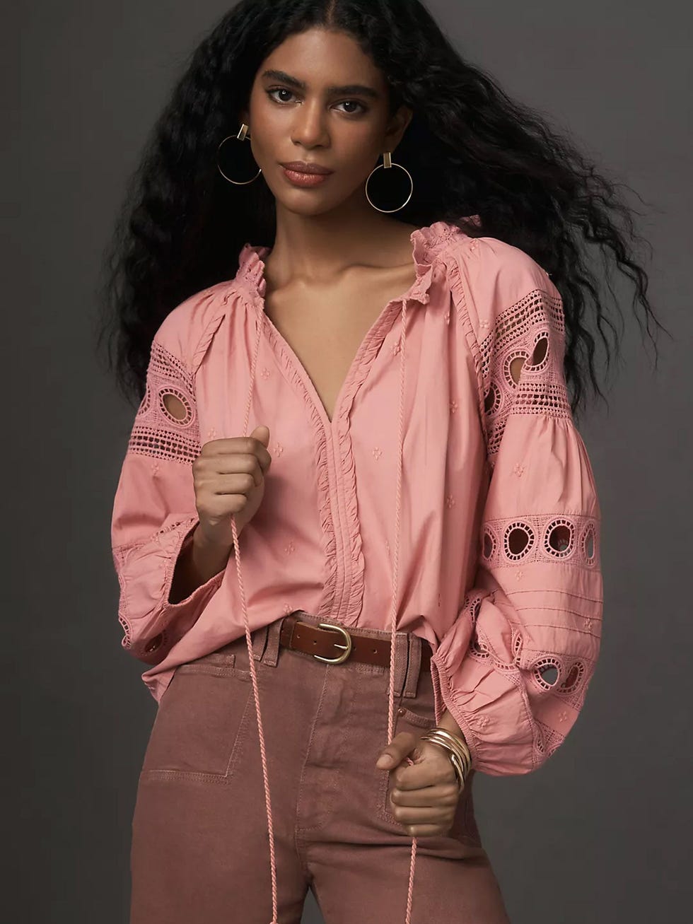 Sleeve V-Neck Cotton Peasant Blouse