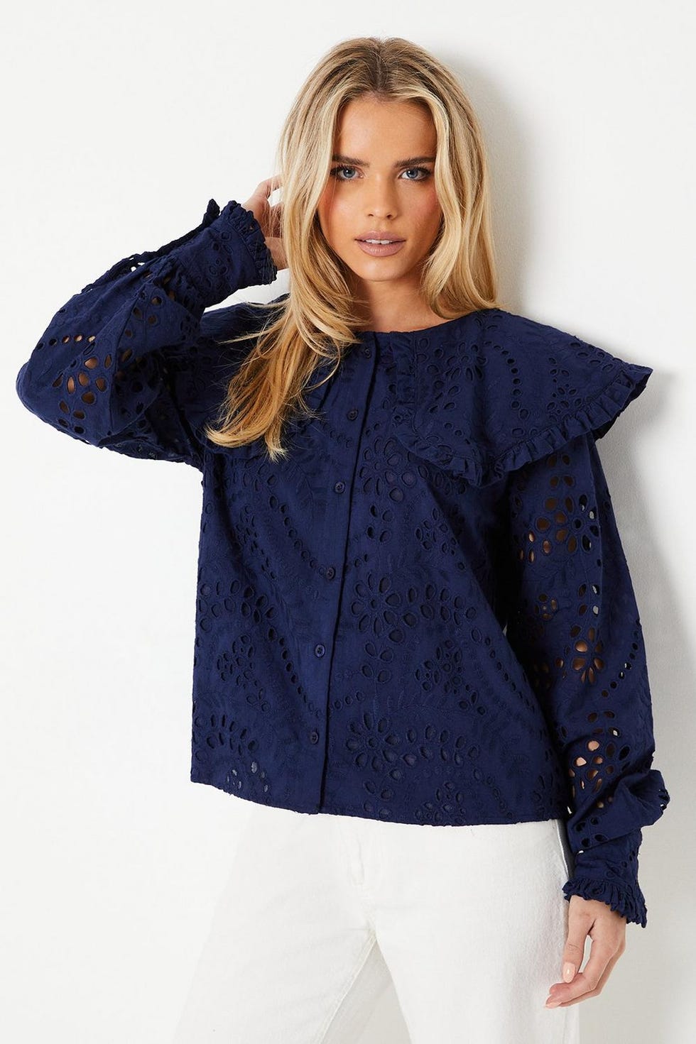 Petite Broderie Collar Button Through Top