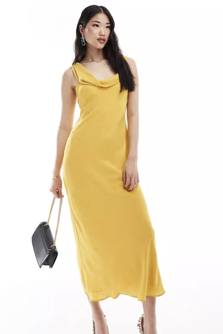 Asymmetric satin maxi slip dress in marigold