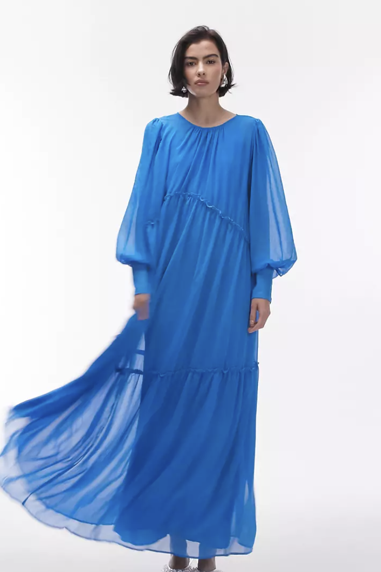Tiered bright chuck on maxi dress in blue