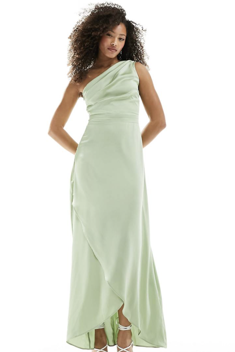 Bridesmaid satin one shoulder maxi dress with wrap skirt in sage