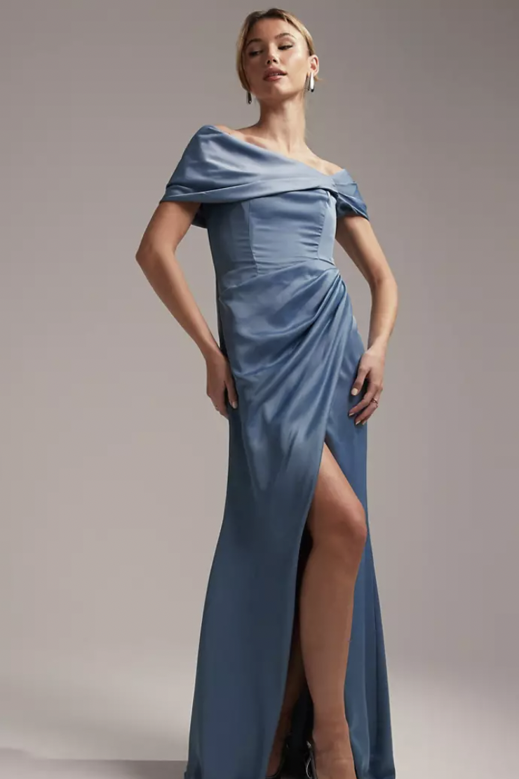  Bridesmaid satin bardot drape wrap maxi dress in dusky blue