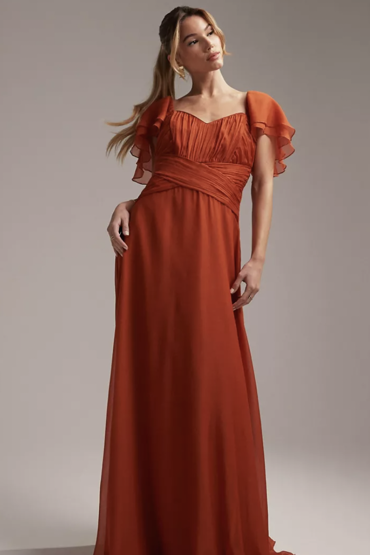Bridesmaid short sleeve ruched maxi dress in rust