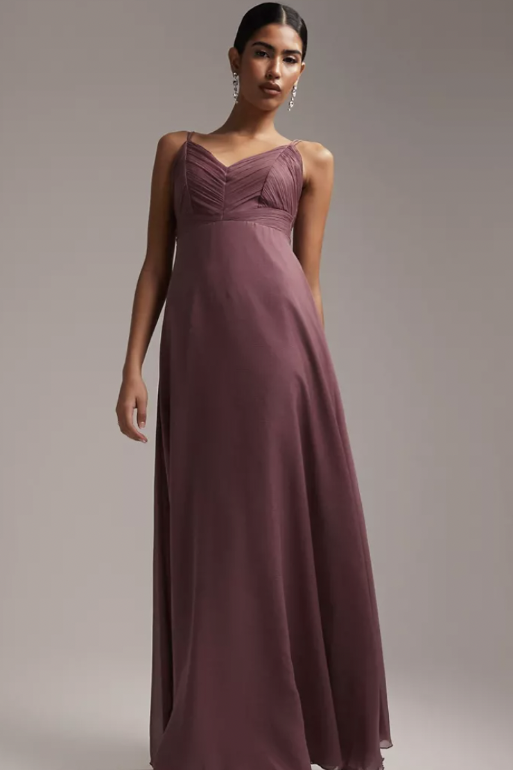 Bridesmaid cami maxi dress with ruched bodice and tie waist in dusty mauve