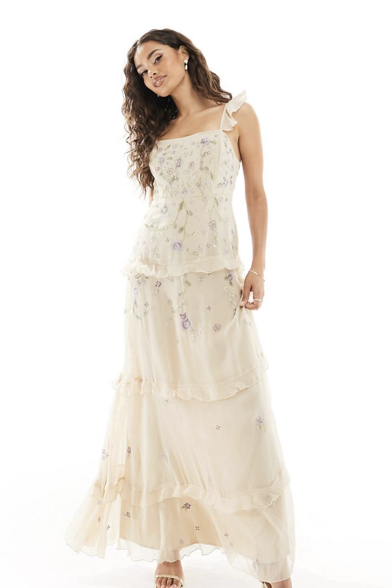 Petite Bridesmaid cami embellished maxi dress with embroidery in champagne