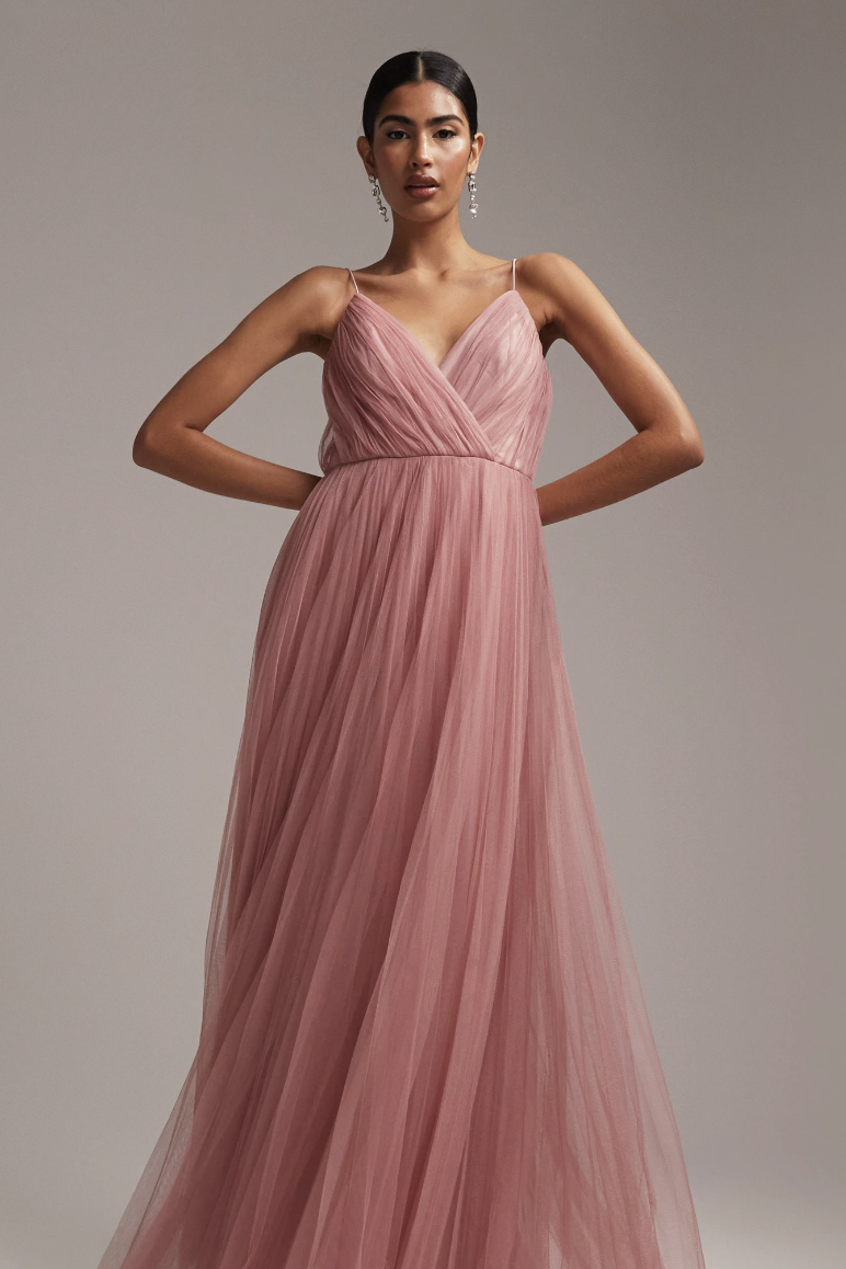 Bridesmaid cami pleated tulle maxi dress in rose