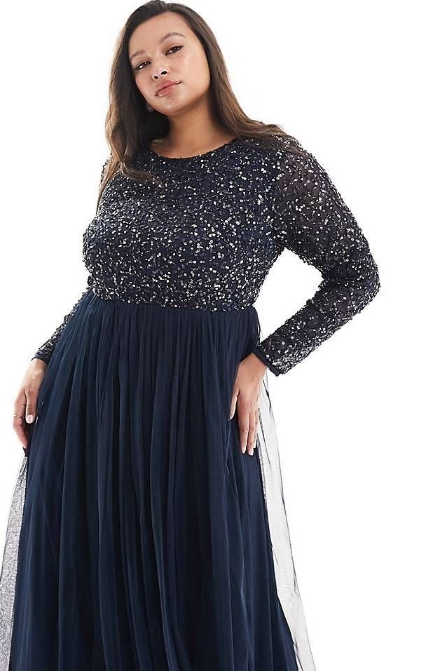 Plus Bridesmaid long sleeve maxi tulle dress with tonal delicate sequin in navy