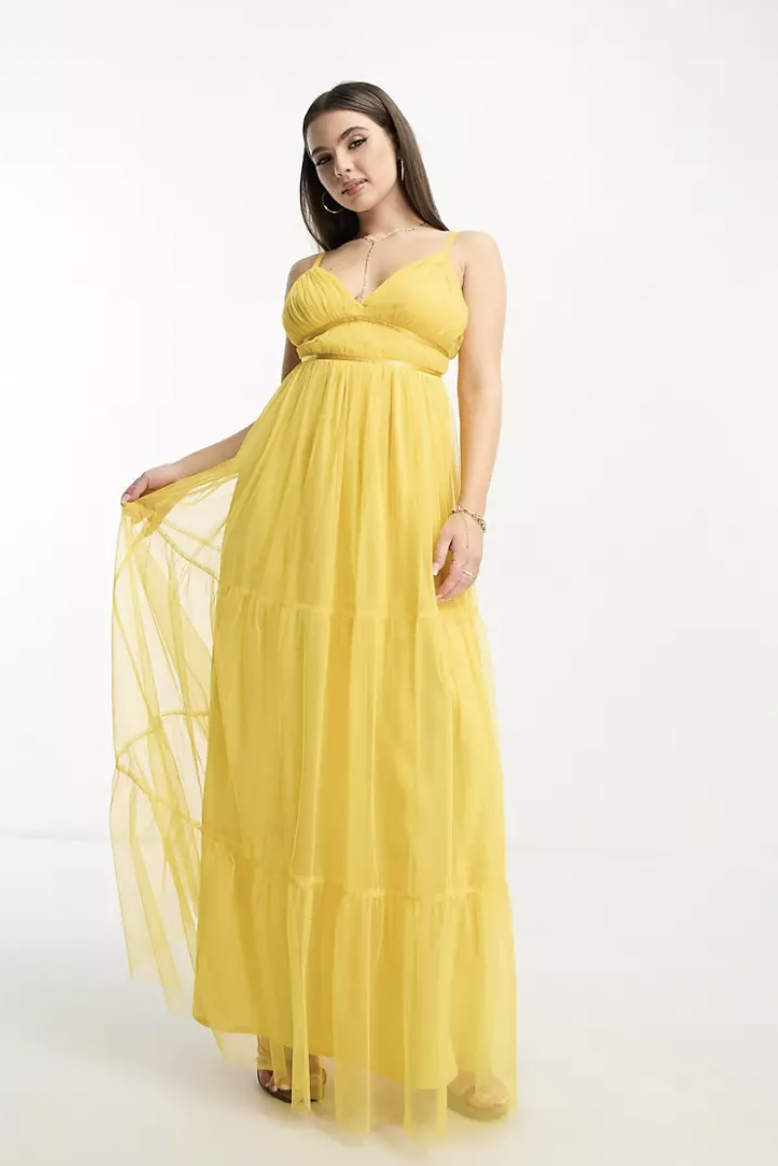 Petite tulle maxi dress with tiered skirt in yellow