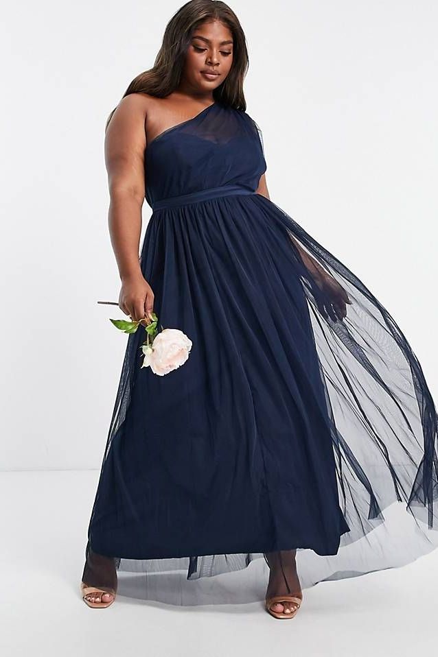 With Love Plus Bridesmaid tulle one shoulder maxi dress in navy