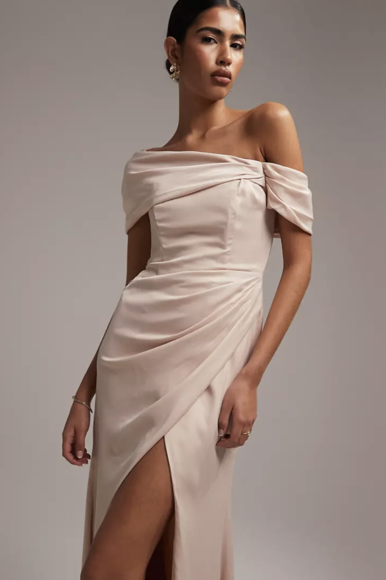 Bridesmaid satin bardot drape wrap maxi dress in blush