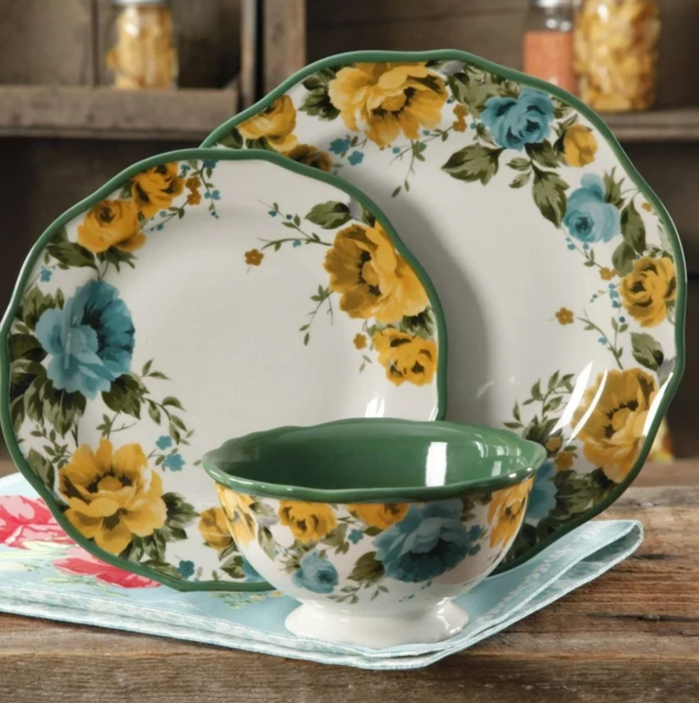 The Pioneer Woman Rose Shadow Green Ceramic 12-Piece Dinnerware Set