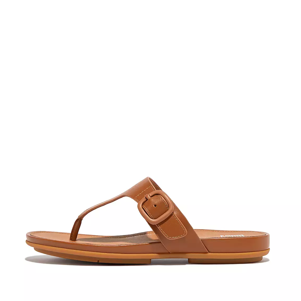 Gracie Matt-Buckle Leather Toe-Post Sandals