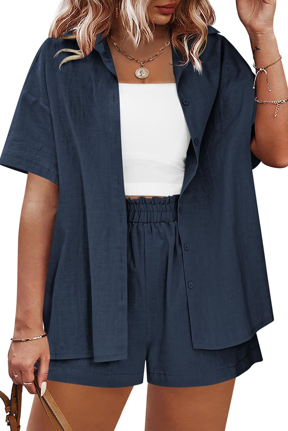 Navy Plus-Size Short-Sleeve Button-Down with Shorts Set