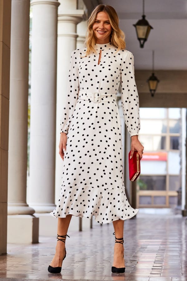 Ivory & Black Spot Print Keyhole Detail Belted Fit & Flare Dress