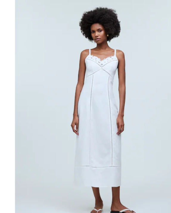 Linen-Cotton Blend Sweetheart Midi Dress