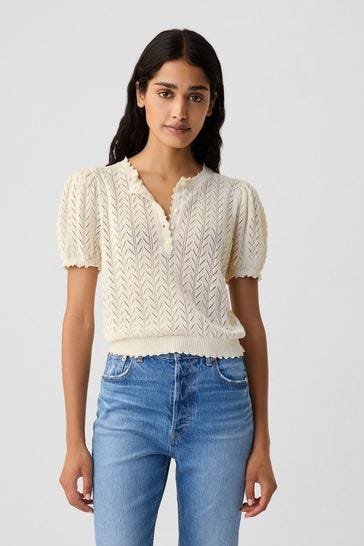 DÔEN Linen-Blend Pointelle Short Sleeve Knit Top