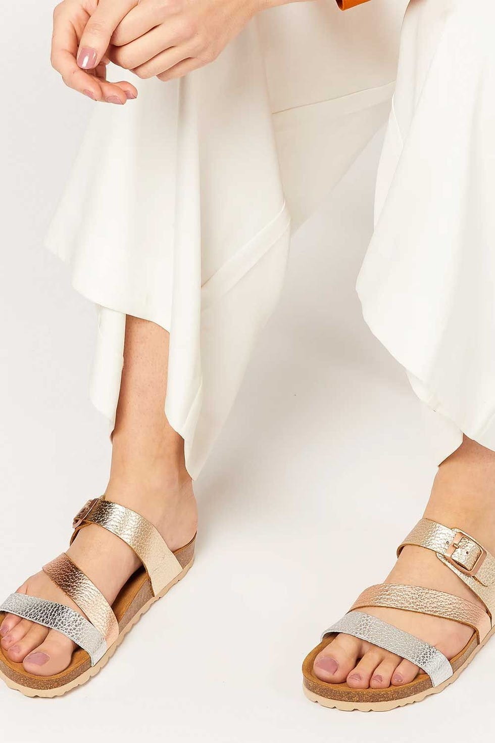 Leather Metallic Flat Mule Sandals